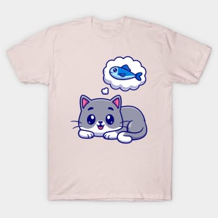 Cute Cat Thinking Fish Cartoon T-Shirt